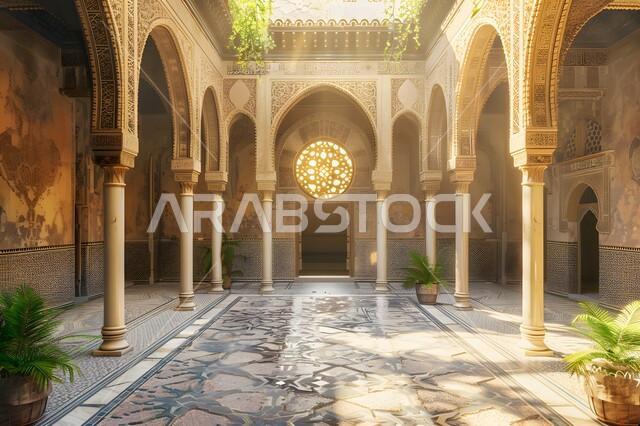الحياة البسيطة في المنازل التاريخية, تجسيد أجواء الاماكن العريقة في السعودية، مفهوم الهدوء والاسترخاء، الفن الهندسي المعماري المعقد للأقواس التراثية، فناء بيت تراثي بتفاصيل الزخرفة الجبسيه، أرضية مزخرفة برسوم المانديلا الهندسية، باحة منزل بطراز تقليدي قديم