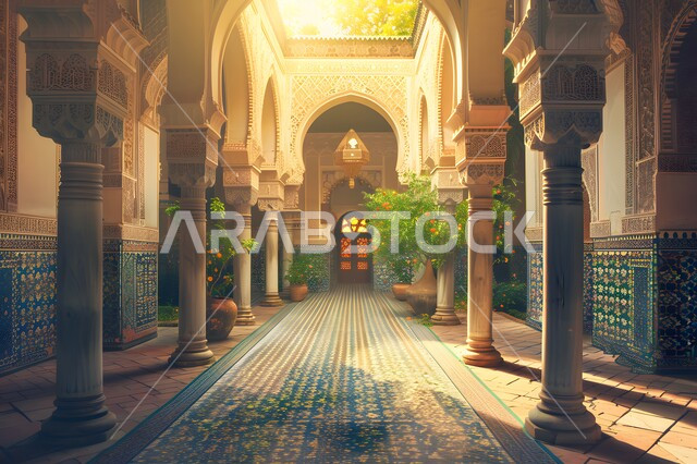 أرضية مزخرفة برسوم المانديلا الهندسية، مفهوم الهدوء والاسترخاء، فناء بيت تراثي بتفاصيل الزخرفة الجبسيه، باحة منزل بطراز تقليدي قديم، الاهتمام بزراعة ورعاية النباتات الخضراء، الفن الهندسي المعماري المعقد للأقواس التراثية، تجسيد أجواء الاماكن العريقة في السعودية