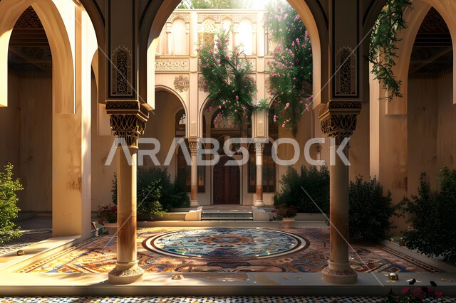 فناء بيت تراثي بتفاصيل الزخرفة الجبسيه، أرضية مزخرفة برسوم المانديلا الهندسية، مفهوم الهدوء والاسترخاء، باحة منزل بطراز تقليدي قديم، الاهتمام بزراعة ورعاية النباتات الخضراء، تجسيد أجواء الاماكن العريقة في السعودية، الفن الهندسي المعماري المعقد للأقواس التراثية