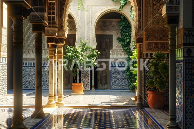 مفهوم الهدوء والاسترخاء، أرضية مزخرفة برسوم المانديلا الهندسية، باحة منزل بطراز تقليدي قديم، الاهتمام بزراعة ورعاية النباتات الخضراء، الفن الهندسي المعماري المعقد للأقواس التراثية، تجسيد أجواء الاماكن العريقة في السعودية، فناء بيت تراثي بتفاصيل الزخرفة الجبسيه