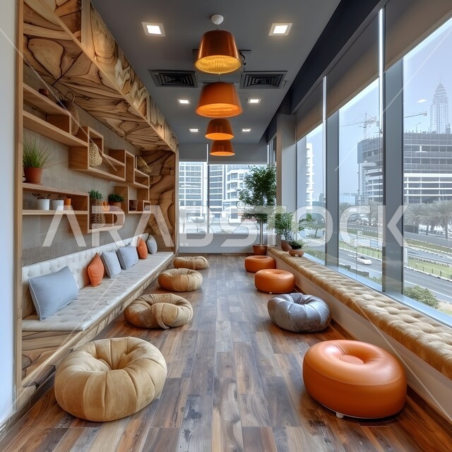 مكان لجلسات الاسترخاء والتأمل، مفهوم الأناقة مع المفروشات الفاخرة، تصميم داخلي لغرفة جلوس واستجمام، ديكورات على الطراز العربي، قاعة بأثاث بسيط وأنيق، استخدام الأضواء الهادئة المساعدة على الشعور بالراحة، الواجهات الزجاجية الكبيرة المطلة على الخارج