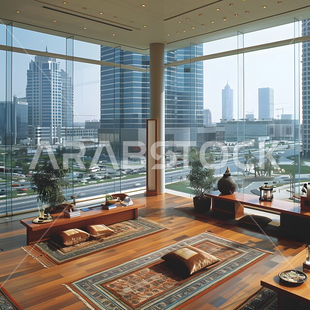 مكان لجلسات الاسترخاء والتأمل، مفهوم الأناقة مع المفروشات الفاخرة، تصميم داخلي لغرفة جلوس واستجمام، ديكورات على الطراز العربي، قاعة بأثاث بسيط وأنيق، استخدام الأضواء الهادئة المساعدة على الشعور بالراحة، الواجهات الزجاجية الكبيرة المطلة على الخارج