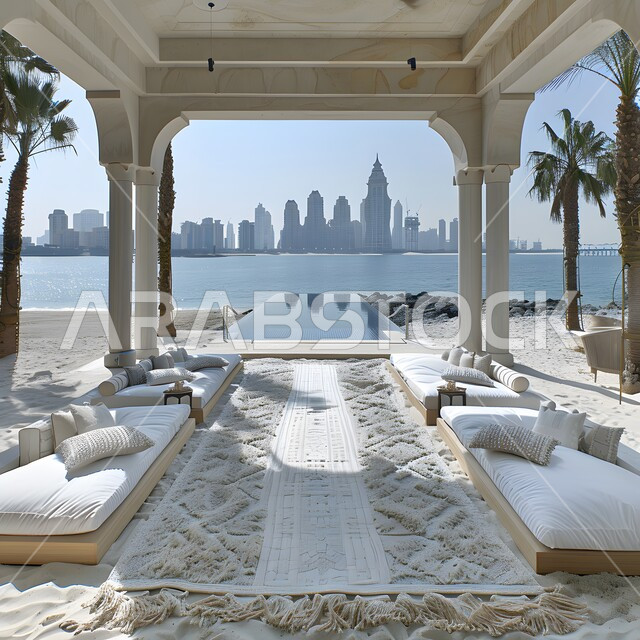 مكان لجلسات الاسترخاء والتأمل، مفهوم الأناقة مع المفروشات الفاخرة، تصميم داخلي لغرفة جلوس واستجمام، ديكورات على الطراز العربي، قاعة بأثاث بسيط وأنيق، استخدام الأضواء الهادئة المساعدة على الشعور بالراحة، الواجهات الزجاجية الكبيرة المطلة على الخارج