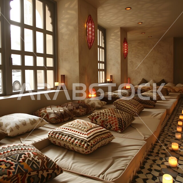 مكان لجلسات الاسترخاء والتأمل، مفهوم الأناقة مع المفروشات الفاخرة، تصميم داخلي لغرفة جلوس واستجمام، ديكورات على الطراز العربي، قاعة بأثاث بسيط وأنيق، استخدام الأضواء الهادئة المساعدة على الشعور بالراحة، الواجهات الزجاجية الكبيرة المطلة على الخارج