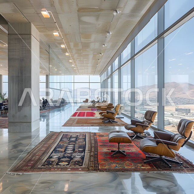 Interior design for a living and relaxation room, a place for relaxation and meditation sessions, the concept of elegance with luxurious furnishings, Arabic-style decorations, a hall with simple and elegant furniture, the use of soft lights that help to feel comfortable, large glass facades overlooking the outside