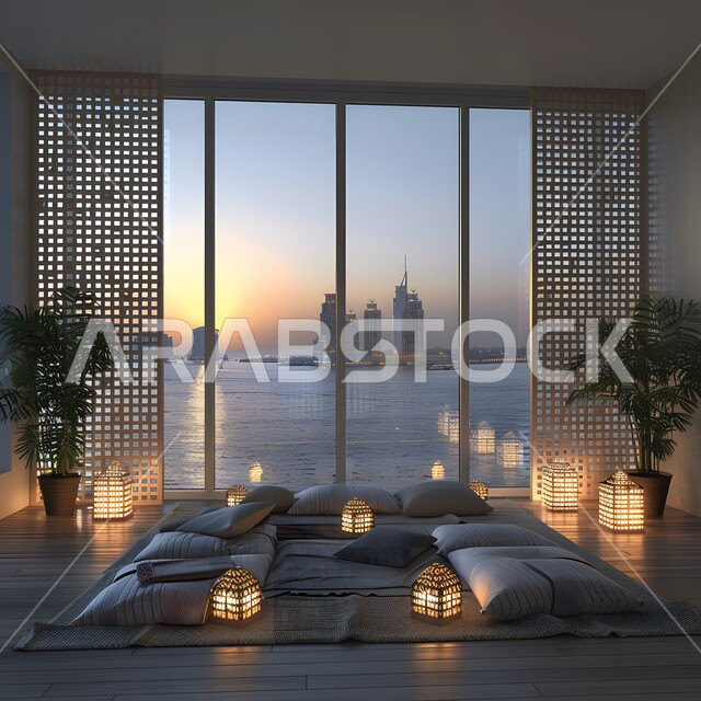 Interior design for a living and relaxation room, a place for relaxation and meditation sessions, the concept of elegance with luxurious furnishings, Arabic-style decorations, a hall with simple and elegant furniture, the use of soft lights that help to feel comfortable, large glass facades overlooking the outside