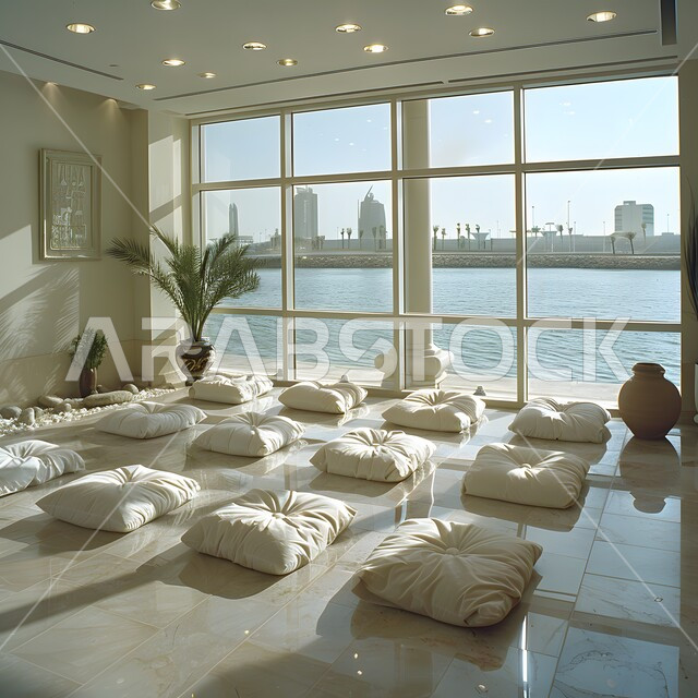تصميم داخلي لغرفة جلوس واستجمام، مكان لجلسات الاسترخاء والتأمل، مفهوم الأناقة مع المفروشات الفاخرة، ديكورات على الطراز العربي، قاعة بأثاث بسيط وأنيق، استخدام الأضواء الهادئة المساعدة على الشعور بالراحة، الواجهات الزجاجية الكبيرة المطلة على الخارج