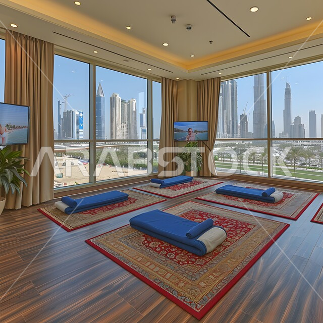 Interior design for a living and relaxation room, a place for relaxation and meditation sessions, the concept of elegance with luxurious furnishings, Arabic-style decorations, a hall with simple and elegant furniture, the use of soft lights that help to feel comfortable, large glass facades overlooking the outside