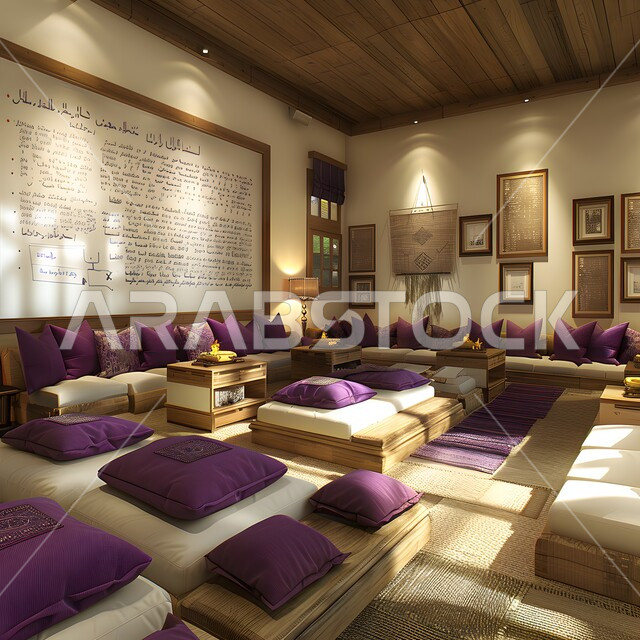 استخدام الأضواء الهادئة المساعدة على الشعور بالراحة، تصميم داخلي لغرفة جلوس واستجمام، مكان لجلسات الاسترخاء والتأمل، مفهوم الأناقة مع المفروشات الفاخرة، ديكورات على الطراز العربي، قاعة بأثاث بسيط وأنيق، الواجهات الزجاجية الكبيرة المطلة على الخارج