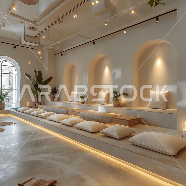 استخدام الأضواء الهادئة المساعدة على الشعور بالراحة، تصميم داخلي لغرفة جلوس واستجمام، مكان لجلسات الاسترخاء والتأمل، مفهوم الأناقة مع المفروشات الفاخرة، ديكورات على الطراز العربي، قاعة بأثاث بسيط وأنيق، الواجهات الزجاجية الكبيرة المطلة على الخارج