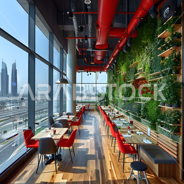  أثاث داخلي راقي لمقهى على الطراز الحديث في المملكة العربية السعودية، الديكورات والتصاميم الداخلية الفريدة للكافيهات والمطاعم، الفن الهندسي المعماري في إنشاء الواجهات الزجاجية للمقاهي العصرية, صالة مطعم بديكورات وألوان جذابة