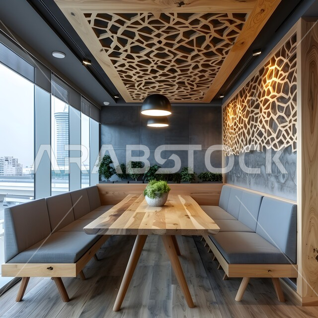  أثاث داخلي راقي لمقهى على الطراز الحديث في المملكة العربية السعودية، الديكورات والتصاميم الداخلية الفريدة للكافيهات والمطاعم، الفن الهندسي المعماري في إنشاء الواجهات الزجاجية للمقاهي العصرية, صالة مطعم بديكورات وألوان جذابة