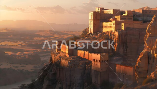الأبنية الحجرية التراثية، قلعة قديمة في وسط الرمال في المملكة العربية السعودية، الفن الهندسي المعماري لبناء الحصون والقلاع على الطراز القديم، أماكن جذب واستقطاب السائحين، حصن دفاعي تاريخي اثري، منظر السماء المليئة بالغيوم وقت الغروب، مدن ومعالم سياحية