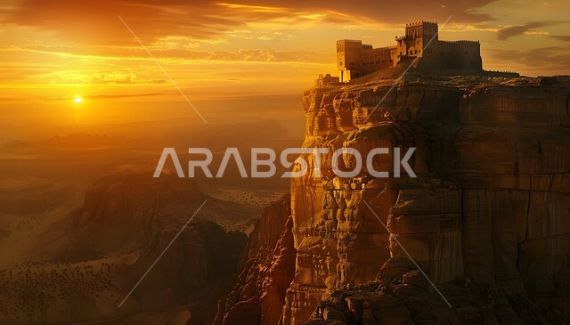 منظر السماء المليئة بالغيوم وقت الغروب، مدن ومعالم سياحية، الأبنية الحجرية التراثية، الفن الهندسي المعماري لبناء الحصون والقلاع على الطراز القديم، قلعة قديمة في وسط الرمال في المملكة العربية السعودية، أماكن جذب واستقطاب السائحين، حصن دفاعي تاريخي اثري