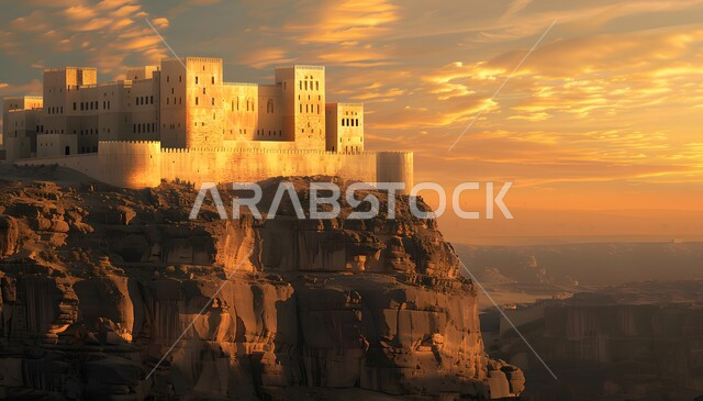 Cities and tourist attractions, historical defensive fortress, view of the cloudy sky at sunset, heritage stone buildings, architectural engineering art of building forts and castles in the old style, an old castle in the middle of the sands in the Kingdom of Saudi Arabia, places of attraction and attraction for tourists