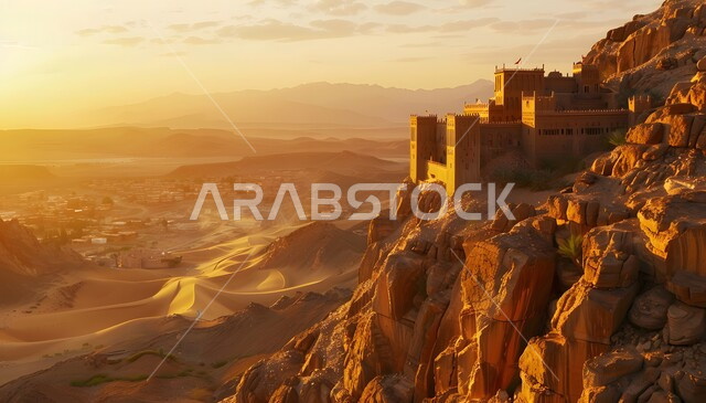 حصن دفاعي تاريخي اثري، أماكن جذب واستقطاب السائحين، منظر السماء المليئة بالغيوم وقت الغروب، مدن ومعالم سياحية، الأبنية الحجرية التراثية، الفن الهندسي المعماري لبناء الحصون والقلاع على الطراز القديم، قلعة قديمة في وسط الرمال في المملكة العربية السعودية