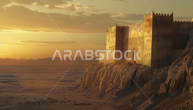 أماكن جذب واستقطاب السائحين، حصن دفاعي تاريخي اثري، قلعة قديمة في وسط الرمال في المملكة العربية السعودية، منظر السماء المليئة بالغيوم وقت الغروب، مدن ومعالم سياحية، الأبنية الحجرية التراثية، الفن الهندسي المعماري لبناء الحصون والقلاع على الطراز القديم