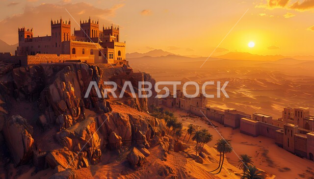 قلعة قديمة في وسط الرمال في المملكة العربية السعودية، الفن الهندسي المعماري لبناء الحصون والقلاع على الطراز القديم، أماكن جذب واستقطاب السائحين، حصن دفاعي تاريخي اثري، منظر السماء المليئة بالغيوم وقت الغروب، مدن ومعالم سياحية، الأبنية الحجرية التراثية