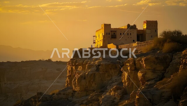 الفن الهندسي المعماري لبناء الحصون والقلاع على الطراز القديم، أماكن جذب واستقطاب السائحين، الأبنية الحجرية التراثية، قلعة قديمة في وسط الرمال في المملكة العربية السعودية، حصن دفاعي تاريخي اثري، مدن ومعالم سياحية، منظر السماء المليئة بالغيوم وقت الغروب