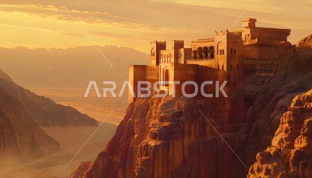 الأبنية الحجرية التراثية، قلعة قديمة في وسط الرمال في المملكة العربية السعودية، الفن الهندسي المعماري لبناء الحصون والقلاع على الطراز القديم، أماكن جذب واستقطاب السائحين، حصن دفاعي تاريخي اثري، منظر السماء المليئة بالغيوم وقت الغروب، مدن ومعالم سياحية