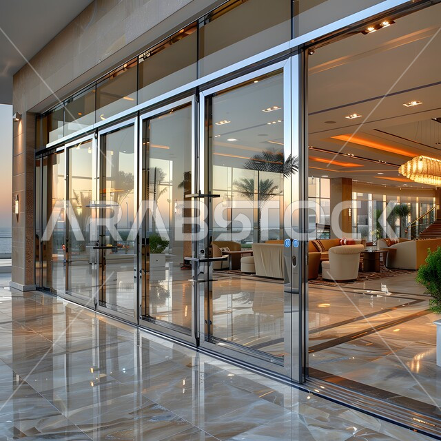 Unique interior decorations and designs for cafes and restaurants, high-end interior furniture for a modern-style cafe in Saudi Arabia, architectural engineering art in creating glass facades for modern cafes, restaurant hall with attractive decorations and colors