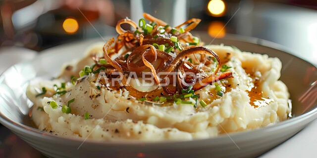 طبق من البطاطس المهروسة الكريمية مع البصل المقلي المقرمش والثوم المعمر، إعداد الوجبات والأطعمة السريعة، وصفات المأكولات والمقبلات اللذيذة، المنتجات المحلية الوطنية، وجبة غذائية ذات قيمة عذائية عالية، الأساليب الفنية فيتقديم الطعام