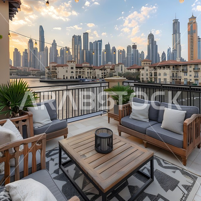  شرفة منزل بديكورات أنيقة مطلة على الابراج وناطحات السحاب، أثاث بسيط ومريح ,مفهوم الاسترخاء و الاستمتاع بالاجواء الهادئة, الاهتمام بزراعة النباتات الخضراء, الفن الهندسي المعماري للشقق والمنازل في المملكة العربية السعودية