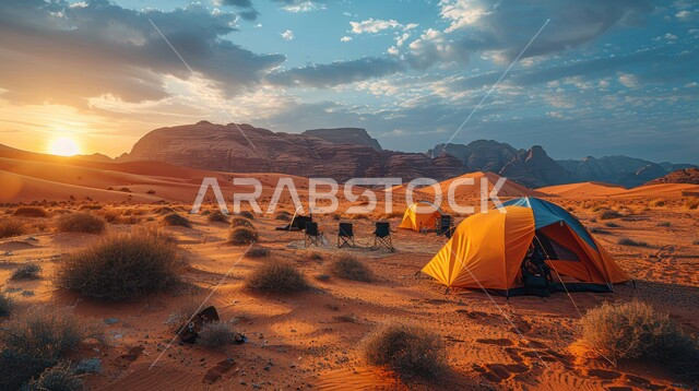 خيام شعبية في المناطق الصحراوية، منظر السماء المليئة بالغيوم عند الغروب،  أجواء التخييم الشبابية الممتعة، مخيمات سياحية في صحاري المملكة العربية السعودية، المغامرات والكشتات البرية، الطبيعة والرمال الذهبية الناعمة