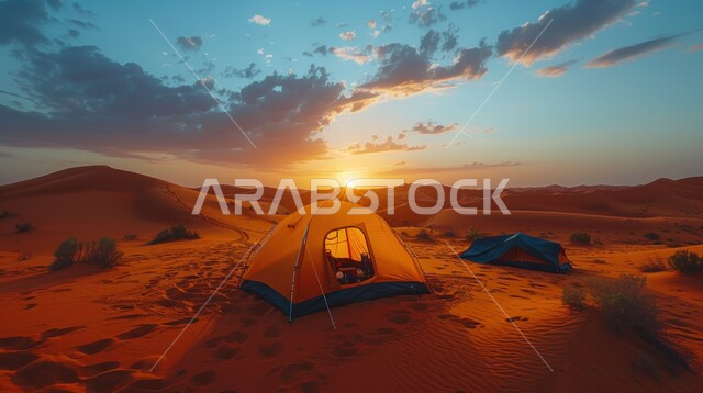 أجواء التخييم الشبابية الممتعة، خيام شعبية في المناطق الصحراوية، منظر السماء المليئة بالغيوم عند الغروب، مخيمات سياحية في صحاري المملكة العربية السعودية، الطبيعة والرمال الذهبية الناعمة، المغامرات والكشتات البرية