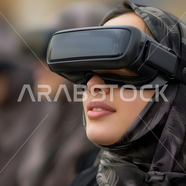 الاستمتاع في قضاء الأوقات الترفيهية عبر استخدام التقنيات الحديثة الالكترونية، شابة عربية خليجية سعودية محجبة ترتدي العباءة السوداء تضع نظارات الفي آر ثلاثية الابعاد، الاندماج والتفاعل مع العالم الافتراضي، دمج التكنولوجيا بالحياة العملية