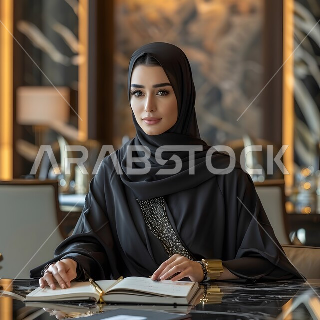 Hobby of reading and exploration, development and enhancement of general information, a veiled Saudi Arabian Gulf woman wearing a black abaya sitting on a chair in a library and looking at the camera with cheerful gestures, spending a pleasant time reading, interest in science and culture, research and learning about different fields