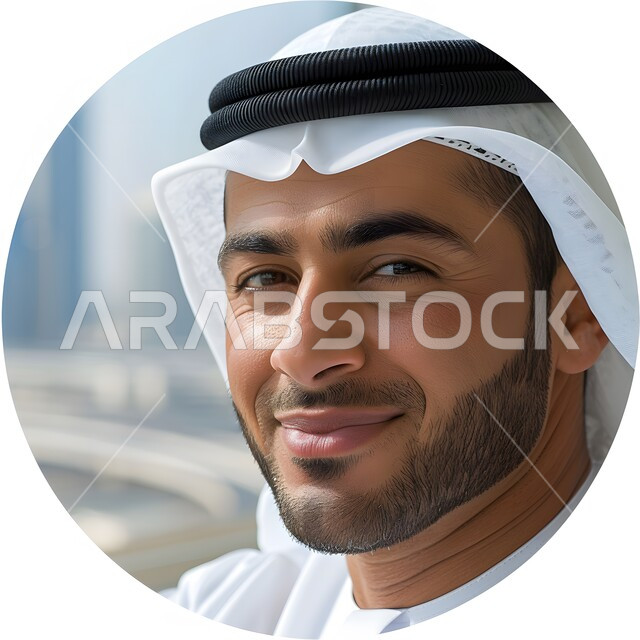 الابتسام والنظر إلى الكاميرا بإيماءات البشاشة, بورتريه لشاب وسيم عربي خليجي سعودي يرتدي الثوب التقليدي والغترة وينظر للكاميرا بإيماءات الثقة بالنفس, التقاط الصور الشخصية بإطار دائري، مفهوم الأناقة والاهتمام بالمظهر الخارجي