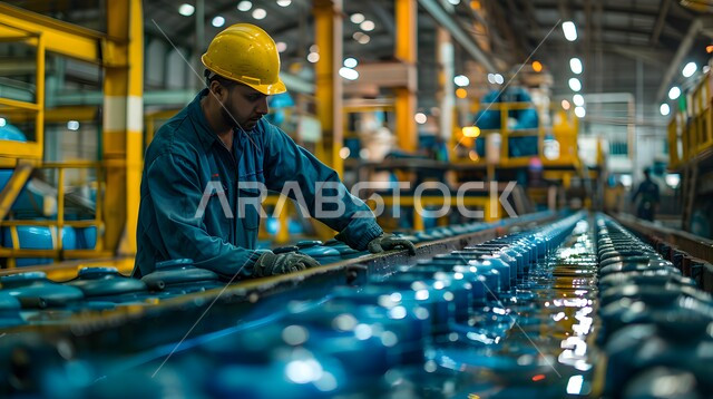 متابعة سير الاعمال في المصانع، عامل عربي خليجي سعودي يرتدي الخوذة وزي العمل الرسمي يقوم بتفقد خط الإنتاج، مفهوم الإدارة والإشراف على الية التصنيع, مهن ووظائف سعودية، جودة الصناعات في المملكة