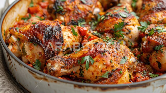 طبق من قطع الدجاج المشوي بالفرن مع التوابل والبقدونس، وجبة غذائية غنية بالبروتين، أصناف الأطعمة الشرقية، فنون التقديم في مطاعم ومطابخ المملكة العربية السعودية، وجبات وأطباق شهية