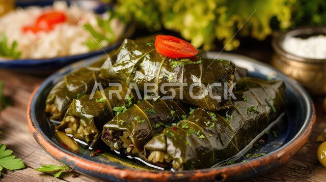 اطباق المقبلات وفاتحات الشهية الباردة، صورة مقربة لطبق من محشي ورق العنب المزين بالخضراوات الطازجة، مطاعم ومطابخ المملكة العربية السعودية، المأكولات والوجبات العربية الشرقية