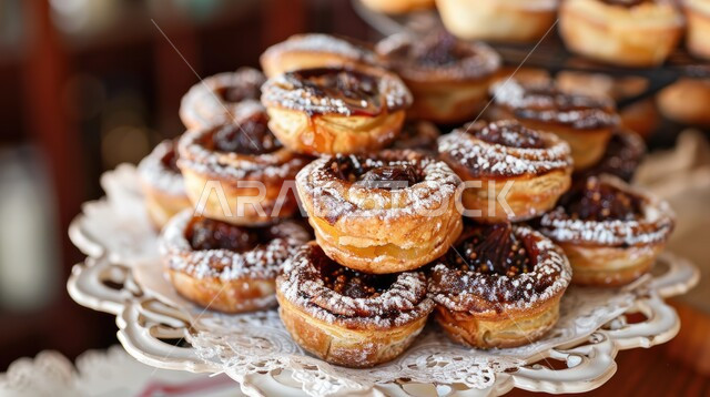 الأساليب الفنية في تقديم الطعام، المعجنات و المخبوزات الطازجة، صورة مقربة لطبق من فطائر التين الشهية، وجبات وفواكه صحية، فنون التقديم في مطابخ ومطاعم المملكة العربية السعودية