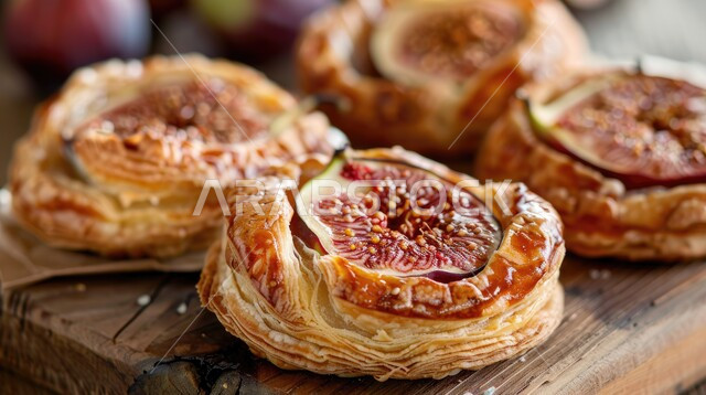 الأساليب الفنية في تقديم الطعام، المعجنات و المخبوزات الطازجة، صورة مقربة لطبق من فطائر التين الشهية، وجبات وفواكه صحية، فنون التقديم في مطابخ ومطاعم المملكة العربية السعودية