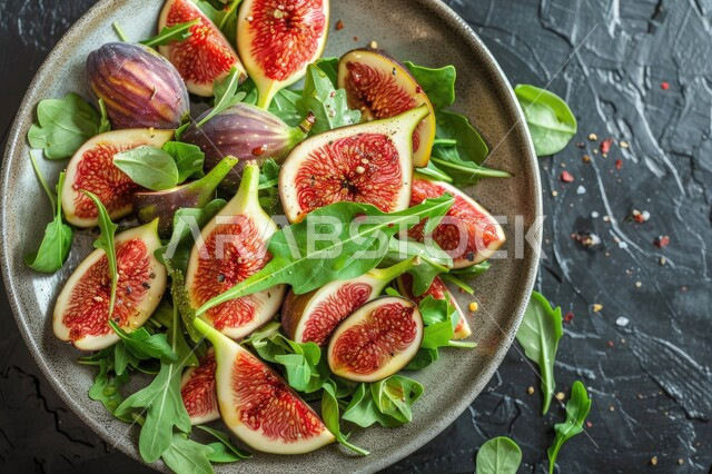 طبق من حبات التين الطازج المقطع مع اوراق النعنع، الأساليب الفنية في تقديم الطعام، وجبات وفواكه صحية غنية بالفيتامينات، محاصيل زراعية غنية بالمعادن والفيتامينات، فنون التقديم في مطابخ ومطاعم المملكة العربية السعودية