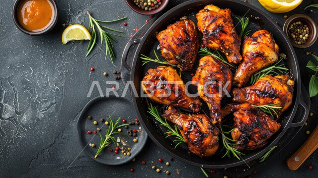 طبق من قطع الدجاج المشوي بالفرن مع التوابل والبقدونس وشرائح الليمون، وجبة غذائية غنية بالبروتين، أصناف الأطعمة الشرقية، فنون التقديم في مطاعم ومطابخ المملكة العربية السعودية، وجبات وأطباق شهية، خلفية سوداء