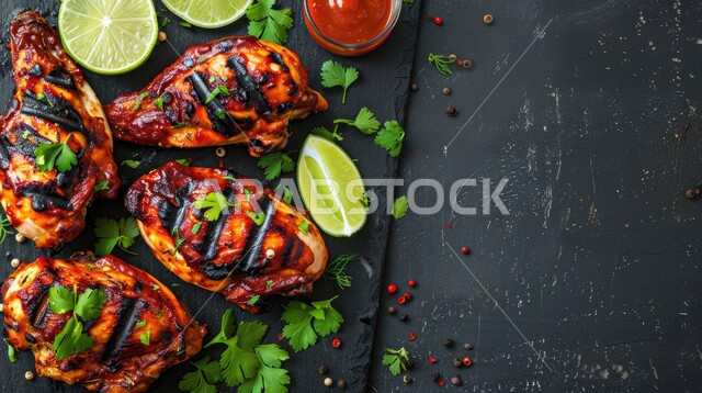 طبق من قطع الدجاج المشوي بالفرن مع التوابل والبقدونس وشرائح الليمون، وجبة غذائية غنية بالبروتين، أصناف الأطعمة الشرقية، فنون التقديم في مطاعم ومطابخ المملكة العربية السعودية، وجبات وأطباق شهية، خلفية سوداء