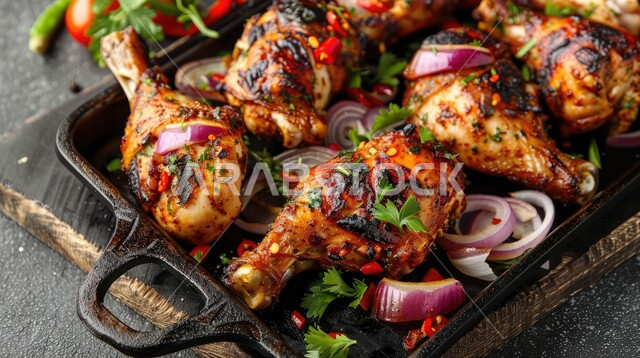 طبق من قطع الدجاج المشوي بالفرن مع التوابل والبقدونس والبصل، وجبة غذائية غنية بالبروتين، أصناف الأطعمة الشرقية، فنون التقديم في مطاعم ومطابخ المملكة العربية السعودية، وجبات وأطباق شهية، خلفية سوداء