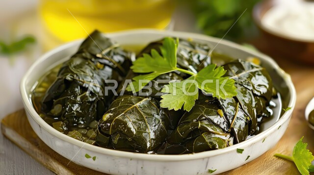 اطباق المقبلات وفاتحات الشهية الباردة، صورة مقربة لطبق من محشي ورق العنب المزين بالخضراوات الطازجة، مطاعم ومطابخ المملكة العربية السعودية، المأكولات والوجبات العربية الشرقية