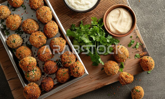 المأكولات العربية الشرقية، طبق من اقراص الفلافل المقرمشة مع الخضروات الطازجة واللبن، وجبات الطعام الشعبية الشهية، المطاعم العربية التقليدية في المملكة العربية السعودية، أطعمة غنية بالحبوب والبروتينات