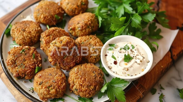 المأكولات العربية الشرقية، طبق من اقراص الفلافل المقرمشة مع الخضروات الطازجة واللبن، وجبات الطعام الشعبية الشهية، المطاعم العربية التقليدية في المملكة العربية السعودية، أطعمة غنية بالحبوب والبروتينات