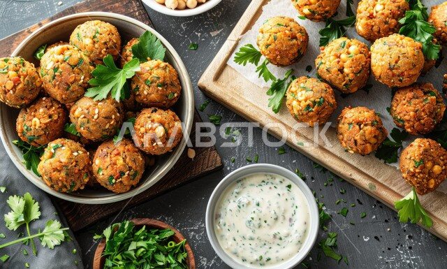 المأكولات العربية الشرقية، طبق من اقراص الفلافل المقرمشة مع الخضروات الطازجة واللبن، وجبات الطعام الشعبية الشهية، المطاعم العربية التقليدية في المملكة العربية السعودية، أطعمة غنية بالحبوب والبروتينات