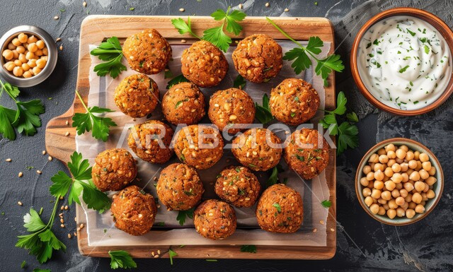 Oriental Arabic cuisine, a plate of crispy falafel discs with fresh vegetables and yogurt, delicious popular meals, traditional Arabic restaurants in Saudi Arabia, foods rich in grains and proteins