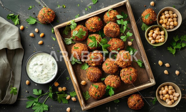 Oriental Arabic cuisine, a plate of crispy falafel discs with fresh vegetables and yogurt, delicious popular meals, traditional Arabic restaurants in Saudi Arabia, foods rich in grains and proteins