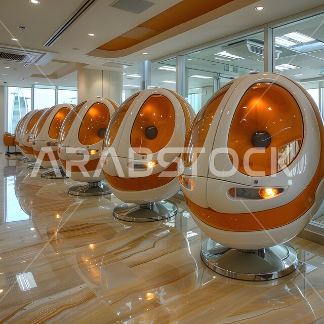 التصاميم والديكورات الداخلية للفنادق والمنتجعات الفاخرة، لوبي اوتيل بديزاينات عصرية حديثه، التصميم الراقي لردهة ومدخل الاستقبال في الفندق، ديزاينات فريدة بشكل بيضة باللونين الأبيض والأصفر لكراسي حديثة معاصرة في قاعة الدخول