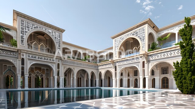 تفاصيل الزخرفه الجبسيه في الديكور الاسلامي، التصاميم الداخلية المعقدة, الفن الهندسي المعماري الحديث, الاقواس و الممرات ذات بناء المميز، أبرز الفنون المنتجة من حضارات العالم القديم, أرضية مزخرفة برسوم المانديلا الهندسية، شلال مياه مسطح اصطناعي في الفناء