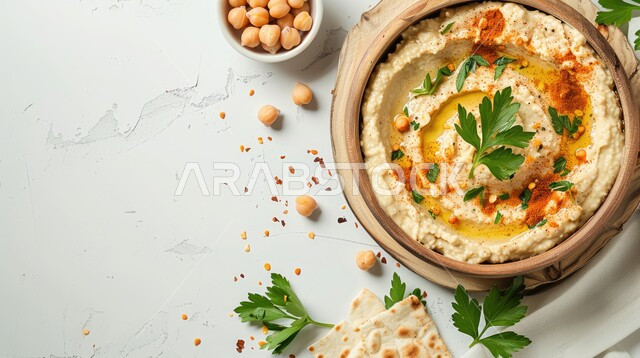 وجبات الإفطار الصحية الشهية في المطاعم الشرقية، أصناف المقبلات الشعبية، صورة مقربة لطبق من الحمص المطحون المزين بالبقدونس والزيت، مأكولات عربية تقليدية شعبية، وصفات الطعام الغنية بالحبوب والبروتينات, خلفية بيضاء